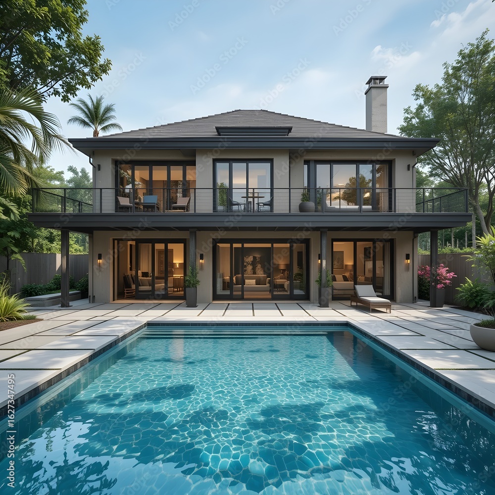 Fototapeta premium Modern Luxury House Exterior with Infinity Pool 3D Render