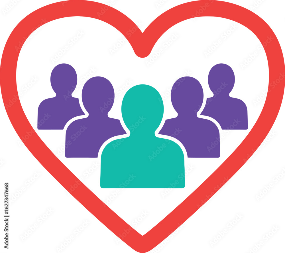 Diverse group of people united by love and community within a vibrant red heart outline Diverse group of people united by love and community within a vibrant red heart outline