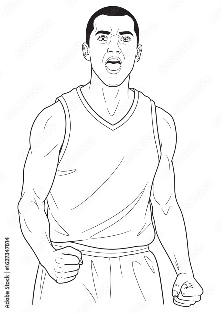Fototapeta premium A line art illustration of a male basketball player celebrating with a fist pump and an open mouth.