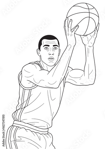A line art illustration of a male basketball player in a defensive posture, holding the ball ready to pass.
