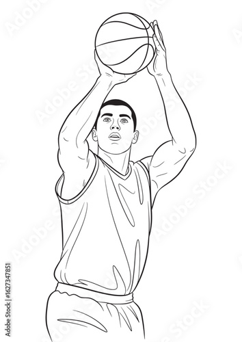 A line art illustration of a male basketball player taking a jump shot with the ball above his head.