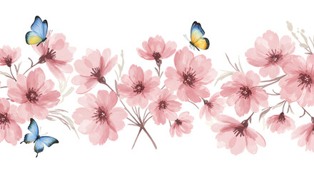 Watercolor floral border with pink flowers and butterflies adding a touch of springtime