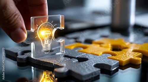 A glowing puzzle piece with a lightbulb icon is being placed to complete an acrylic jigsaw puzzle on a glass meeting table. 