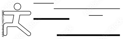 Stick figure person in a running pose with horizontal speed lines capturing dynamism and rapid action. Ideal for activity, movement, energy, speed, agility, sports concepts, and progress. Simple flat