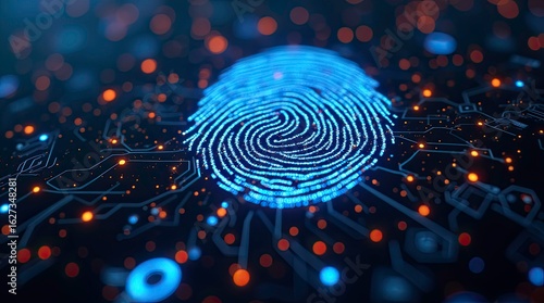 Futuristic blue digital fingerprint glowing on a dark circuit board background