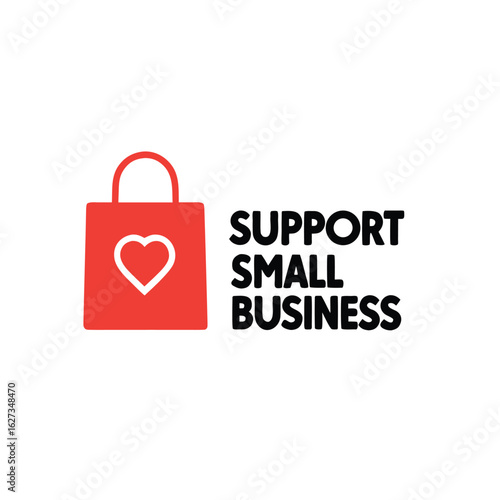 Vector art of support small business message with shopping bag and heart, isolated on white