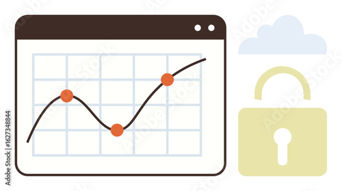 Line graph with data points on a web window, accompanied by a cloud and secure padlock icon. Ideal for analytics, cybersecurity, cloud storage, online data protection, privacy, technology