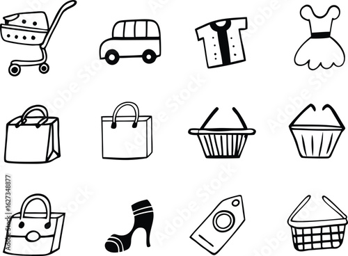 Hand-drawn Shopping Icons:  Cute, Black and White, Retail and E-commerce Graphics.
