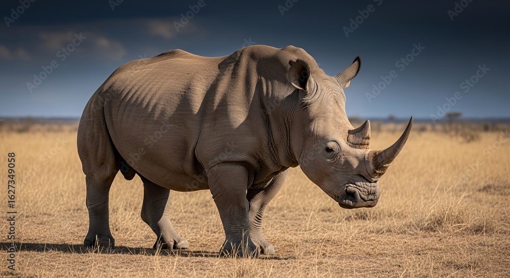 Fototapeta premium Large Gray Rhinoceros Standing in Dry Savanna Landscape Under Dark Sky