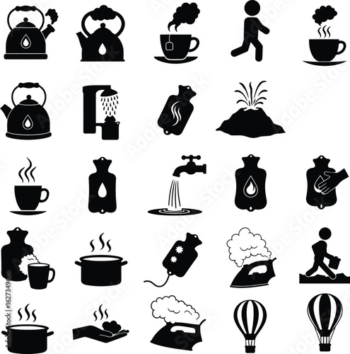 A comprehensive vector set of hot beverage, liquid, and steam related silhouette icons, including kettles, teacups, hot water bottles, steam irons, and water taps for various design needs.