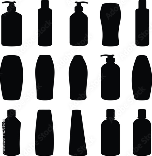 Collection of Fifteen Black Silhouettes of Cosmetic and Health Bottles, Vector Graphic of Lotion, Shampoo, and Pump Dispenser Containers for Personal Care Products.