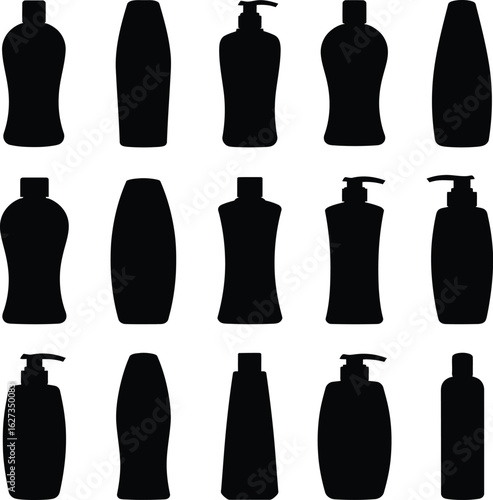 Variety of Fifteen Black Cosmetic Bottle Silhouettes, Vector Graphic Collection of Various Shaped Shampoo, Lotion, and Health Product Dispenser Containers.