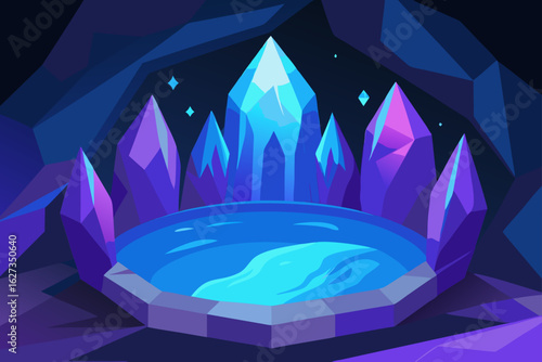 Enchanting cave with glowing blue crystals and a serene pool