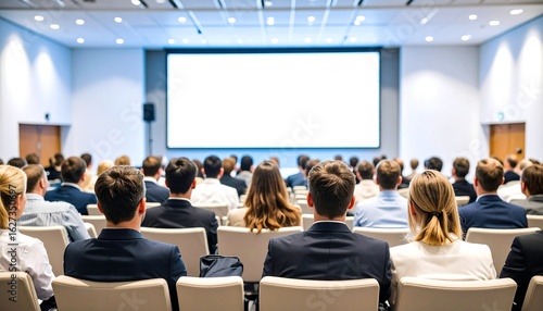 Wallpaper Mural A large audience sits facing a blank projection screen in a modern conference hall Torontodigital.ca