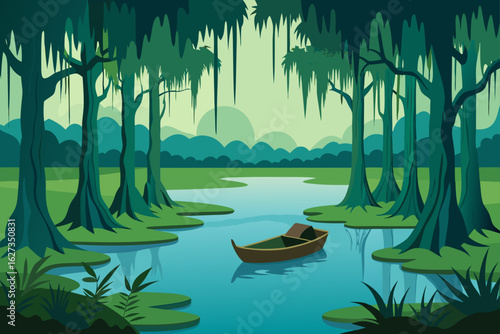 Tranquil swamp landscape with a lone boat on calm water surrounded by cypress trees