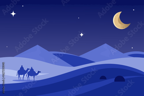 Two camels and riders silhouetted against a desert landscape under a starry night sky with a crescent moon