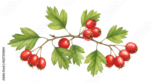 Watercolor painting of hawthorn branch with red berries and green leaves isolated on white