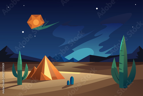 Stylized desert landscape at night with pyramids and cacti
