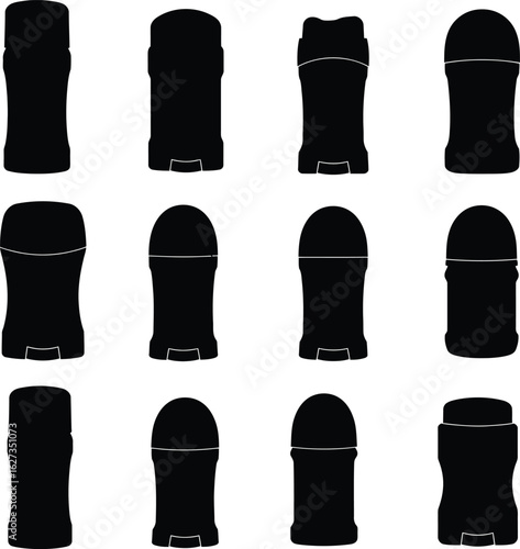 A comprehensive set of various deodorant and antiperspirant containers, featuring black silhouette vector illustrations of different sizes and shapes, ideal for health and beauty concepts.