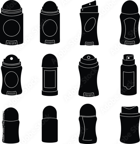 A set of black silhouette vector illustrations of various antiperspirant and deodorant containers, including roll-ons, sprays, and sticks, ideal for hygiene, cosmetics, and beauty concepts, isolated.