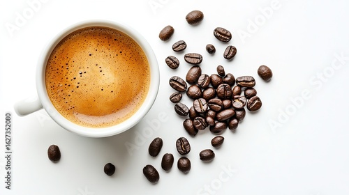 A vintage-style coffee cup filled with espresso and coffee beans forming a heart shape next to it, white background.