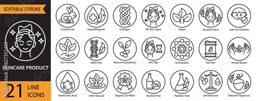 Skincare and cosmetic product icon set collection in outline style. An icon pack contain Cruelty Free, Natural Ingredients, Organic Certified, Paraben Free, Hypoallergenic, Antioxidant, Collagen