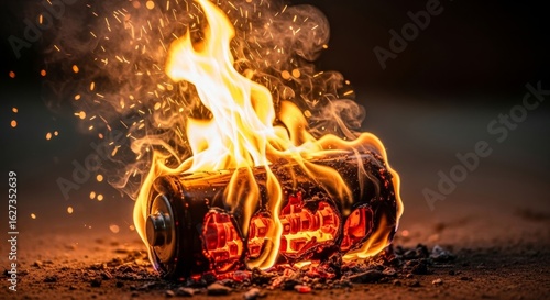 Burning Battery Inferno - A cylindrical battery engulfed in flames, sparks flying, symbolizes danger, destruction, waste, energy crisis, and the potential for hazardous materials