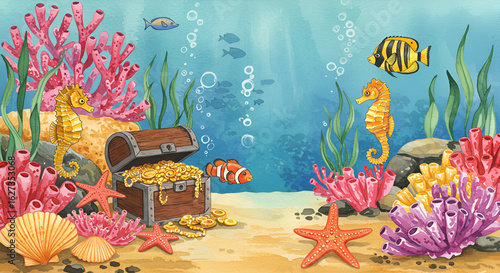 Whimsical Underwater Treasure Scene with Seahorses and Colorful Coral Reef
