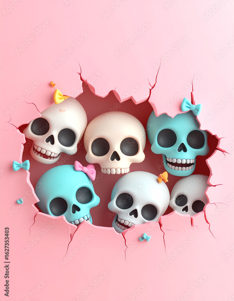 Fototapeta premium Spooky celebration cute skull gathering halloween festival digital art whimsical setting playful perspective