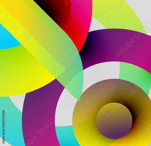 Abstract colorful shapes overlap, creating dynamic visual effect. Bright gradients blend, forming circular patterns. Modern design.