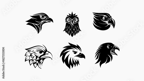 Collection of six stylized black and white bird head designs including eagles and an owl illustration | editable eps vectors silhouette