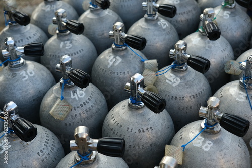 Top view of metal scuba diving oxygen tanks