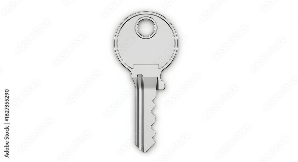 A single, silver-colored metal key is presented against a clean white background, casting a subtle shadow. A single, silver-colored metal key is presented against a clean white background, casting a subtle shadow.