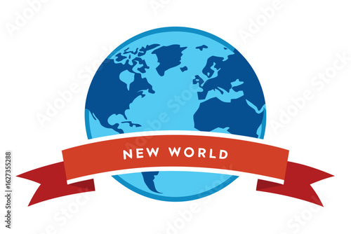 Globe icon with ribbon announcing new world