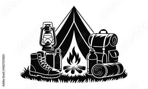 Camping Scene with Tent Backpack Boots Lantern and Campfire Silhouette hiking boot