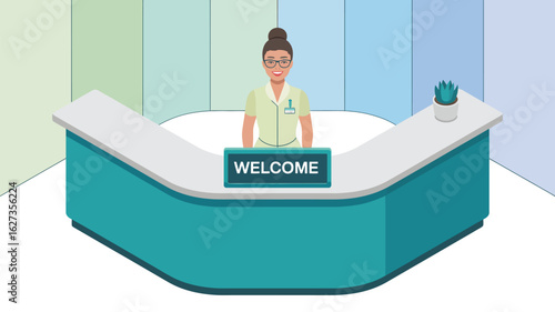 A cartoon woman with glasses stands behind a teal reception desk with a welcome sign and plant pot