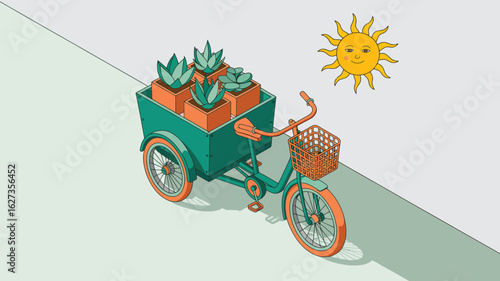 A whimsical illustration of a turquoise tricycle carrying potted succulents under a smiling sun graphic