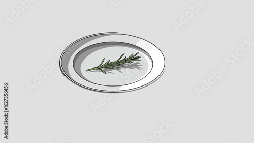A simple illustration of a sprig of rosemary lying on a white plate against a light gray background