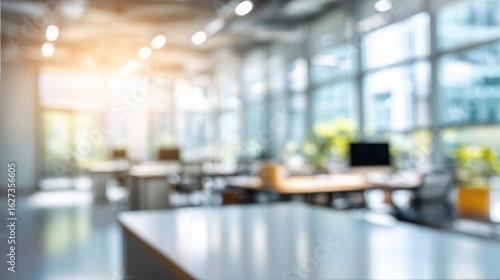 Wallpaper Mural A blurry image of a large office space with a white table in the middle. The room is filled with desks and chairs, and there are potted plants scattered throughout the space. Scene is one of a busy Torontodigital.ca
