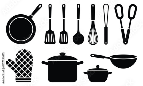 Collection of Black Kitchen Utensils and Cookware Silhouettes on White kitchenware