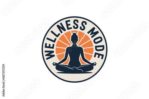 Silhouette of a person meditating inside a circle with the words wellness mode around the perimeter