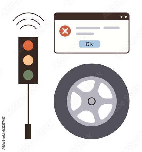 Traffic stoplight with wireless signal, error message in a web browser, and car wheel. Ideal for concepts thumbs up transportation, caution, digital error, technology, auto industry, safety simple