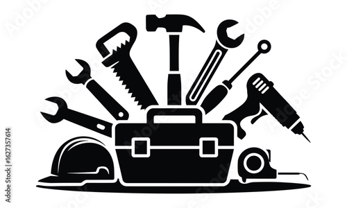 Construction Tools and Safety Gear in Black Silhouette hammer