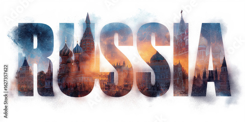 inscription text Russia on a white isolated background. Tourist patriotic banner template with Kremlin and St. Basil's Cathedral in Moscow