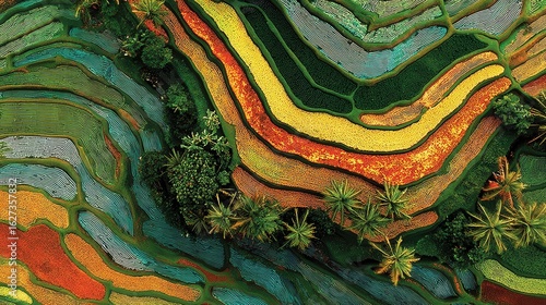 Aerial view of vibrant multicolored terraced fields, showcasing diverse shades of green, yellow, orange, and teal. Lush vegetation and intricate patterns create a visually stunning landscape.