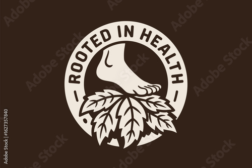 A graphic logo featuring a foot resting on leaves inside a circle with the words rooted in health