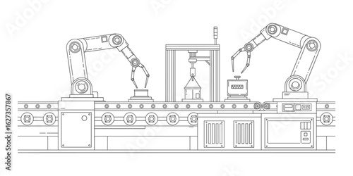 Detailed schematic of an automated factory assembly line with robotic arms and equipment.