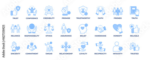 Trust blue line icon collection set. Containing confidence, credibility, promise, trustworthy, friends, truth, faith, sincerity and honesty. Simple blue line vector illustration.