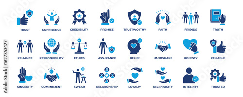 Trust flat icon collection set. Containing confidence, credibility, promise, trustworthy, friends, truth, faith, sincerity and honesty. Simple flat vector illustration.