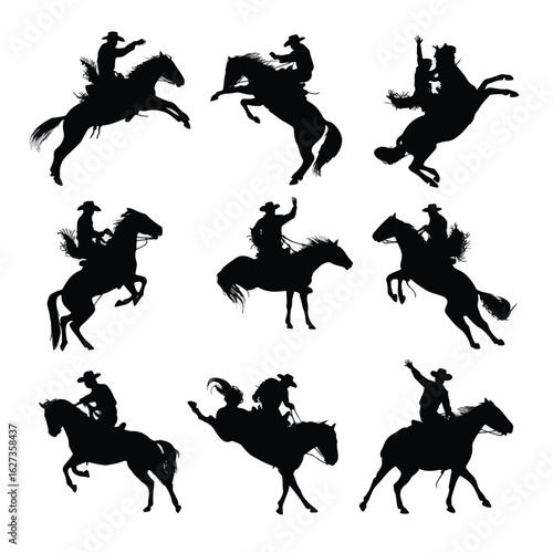 vector illustration of cowboy bucking horse silhouette set, Black & White silhouette set
